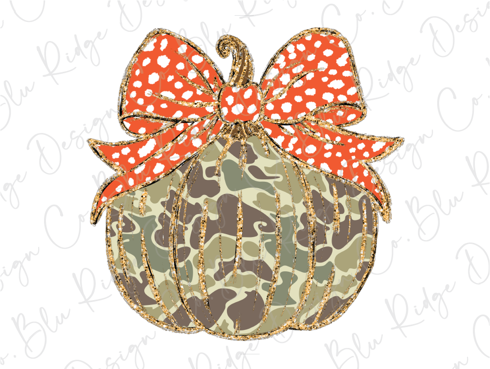 a camouflage pumpkin with a bow on it