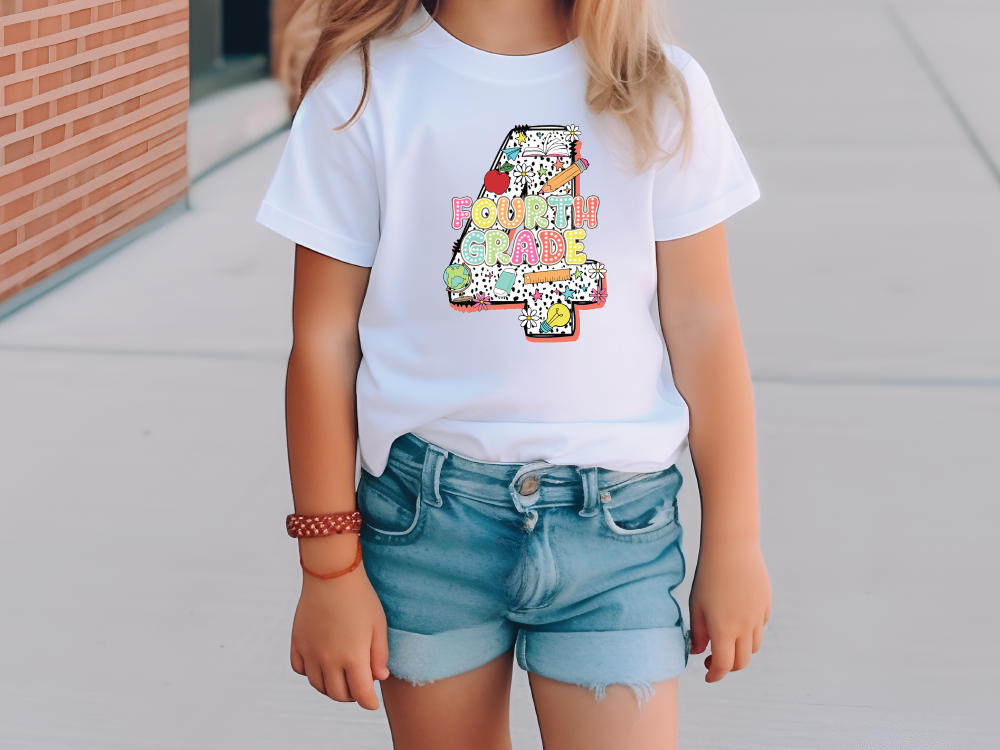 a little girl wearing a white shirt and jean shorts