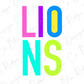 the word "LIONS" in a stylized font, with the letters "L", "I", "O", and "N" in different colors.