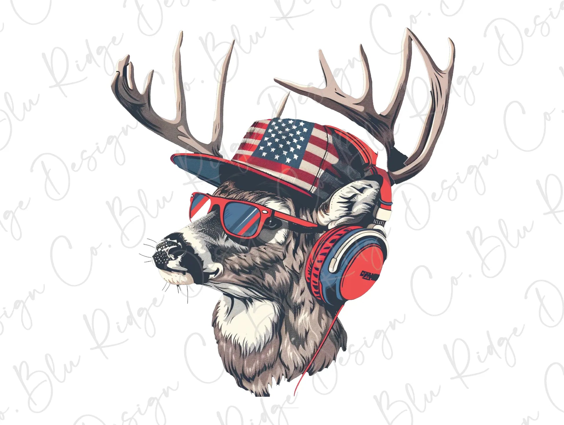 a drawing of a deer wearing headphones and a hat