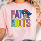 A woman wearing a pink t-shirt with the text "Patriots" and a cartoon depiction of a man in a patriotic hat.