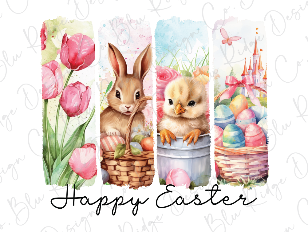 a happy easter card with a picture of a bunny, a rabbit, and a