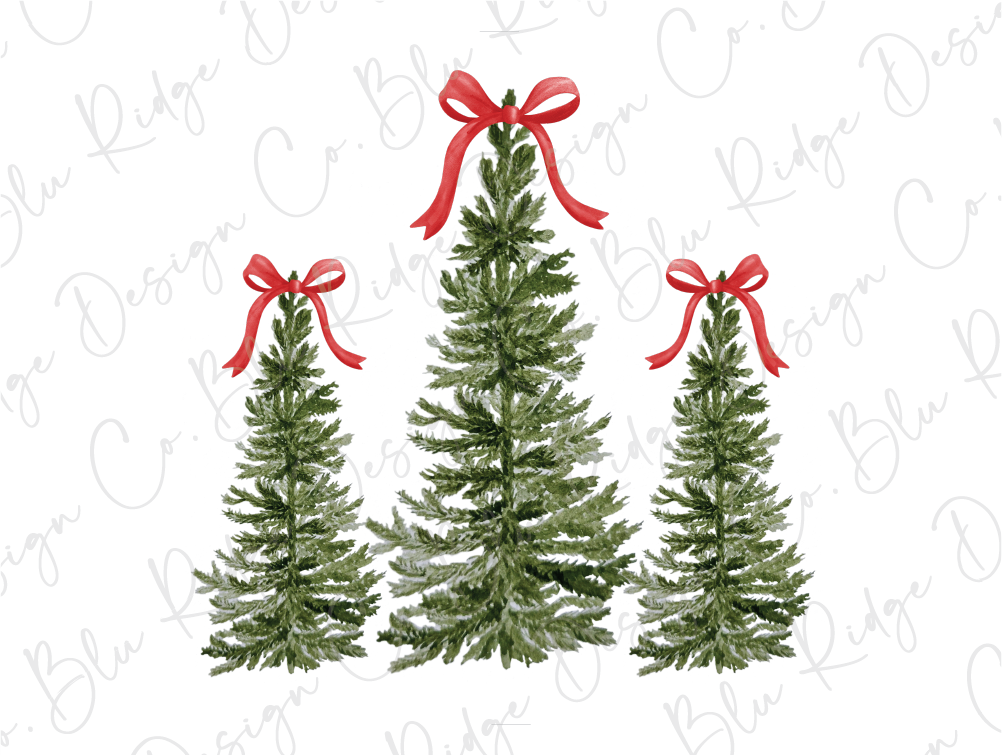 three christmas trees with red bows on them