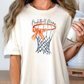 a woman holding a drink and a basketball hoop t - shirt