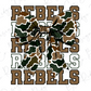 A camouflage bow with the word "REBELS" written in a bold, capitalized font.