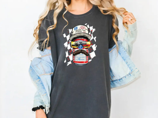 a woman wearing a t - shirt with a picture of a race car driver