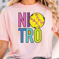 A woman wearing a pink t-shirt with the text "NITRO" printed on it.