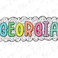 the word georgia in colorful polka dots on a white background