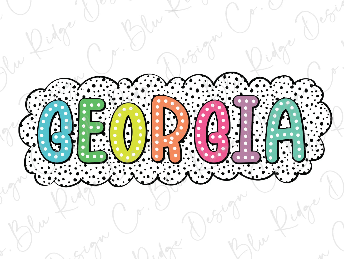 the word georgia in colorful polka dots on a white background