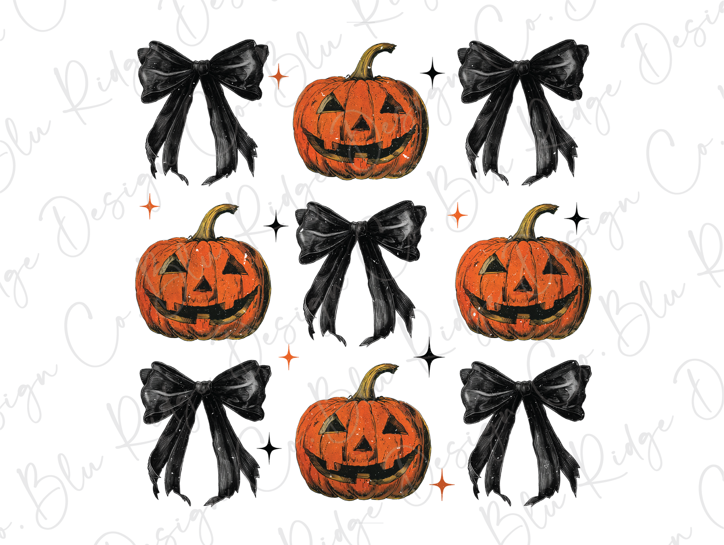 a set of four pumpkins with black bows