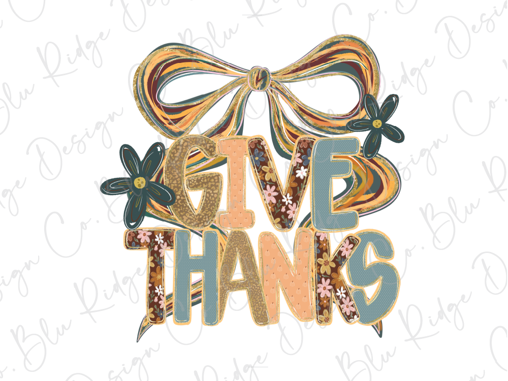 a colorful and decorative text that says "GIVE THANKS" with a bow and flowers surrounding it.