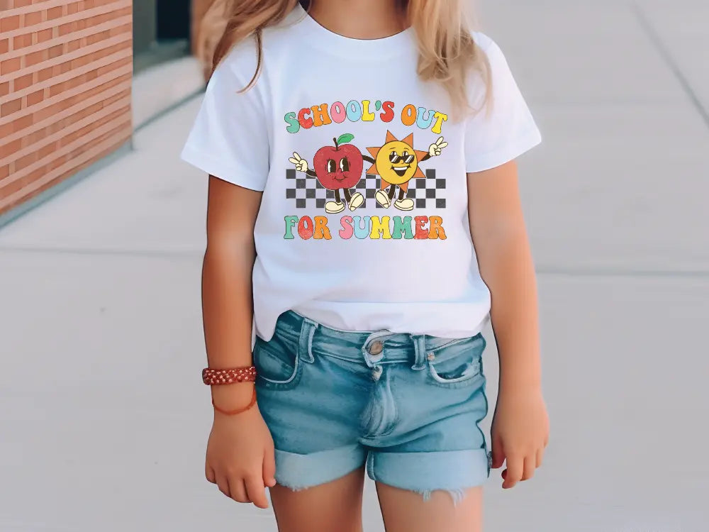 a little girl standing on a sidewalk wearing a white shirt