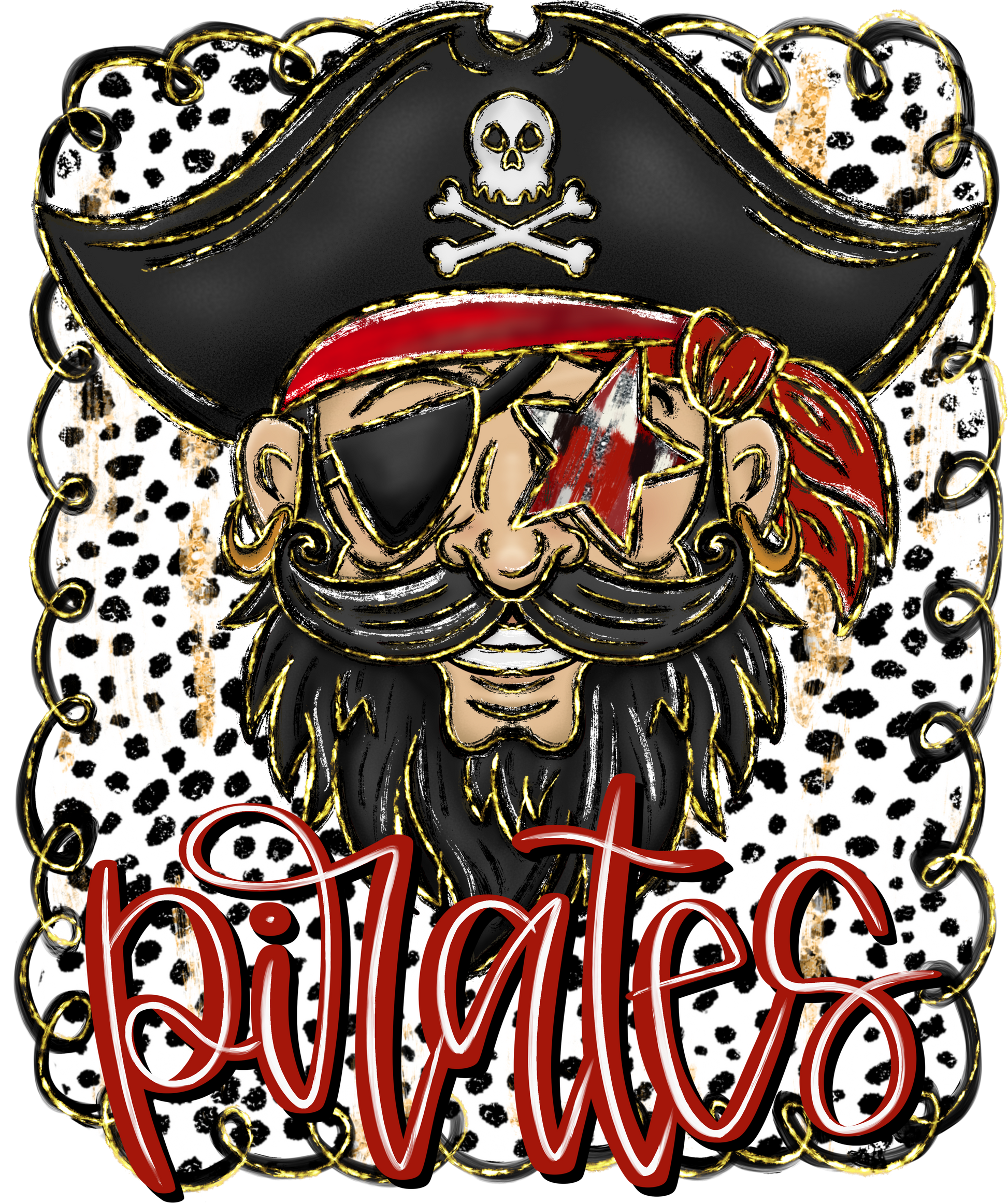 A pirate-themed illustration with a pirate hat, red bandana, and a skull and crossbones symbol. The pirate's face is prominently featured, and the word "PIRATES" is written below the image.