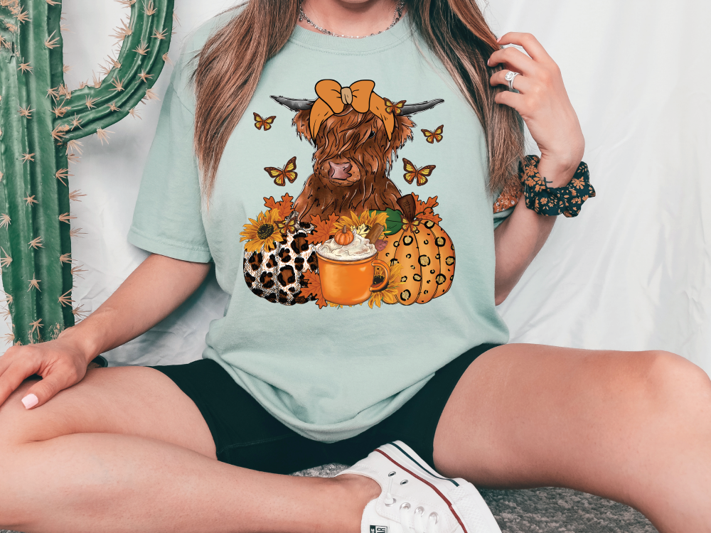 Fall Highland Cow Pumpkins and Latte Graphic T-Shirt