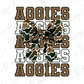 A collage of images featuring the word "AGGIES" in various sizes and orientations, with a camouflage bow in the center.