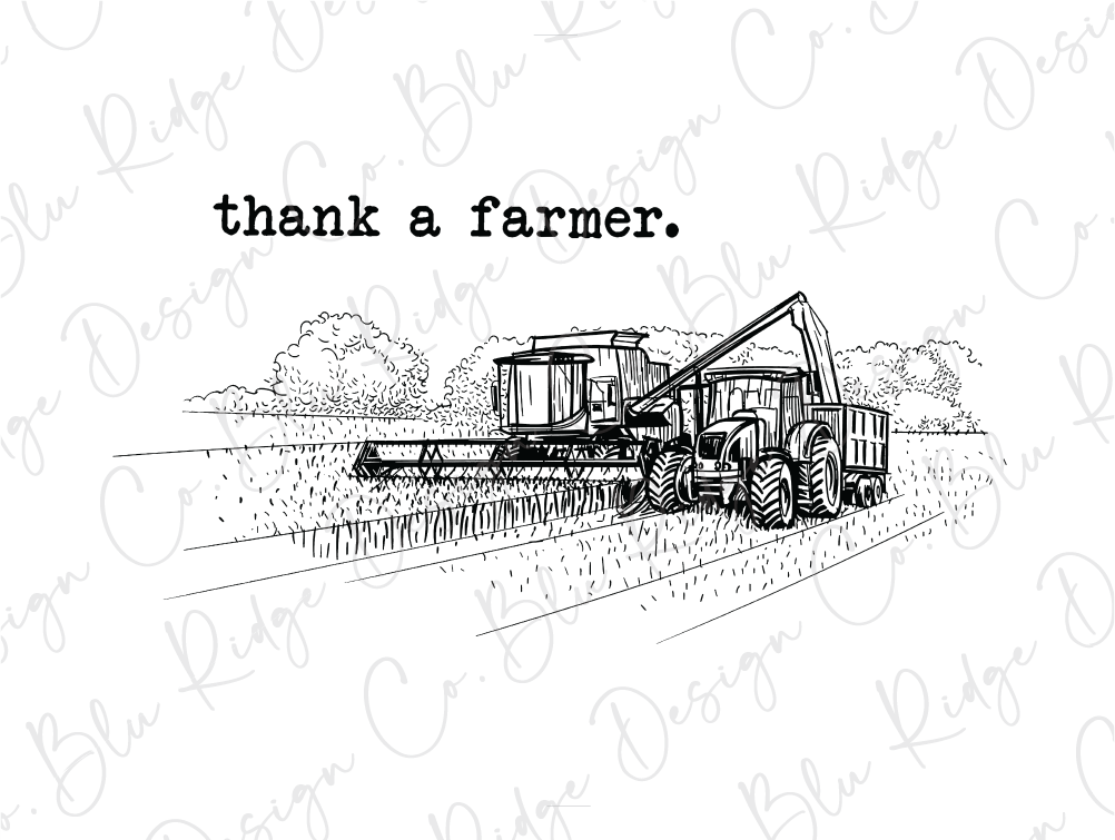 a black and white drawing of a tractor with the words thank a farmer