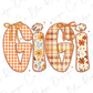 the word "Gigi" made up of various fabric pieces in different colors and patterns, including orange and white plaid, floral, and bow-like elements.