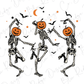 three skeletons dancing with pumpkins on their heads