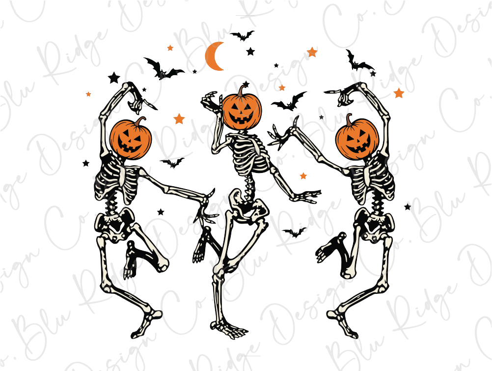 three skeletons dancing with pumpkins on their heads