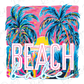a beach scene with palm trees and the words beach