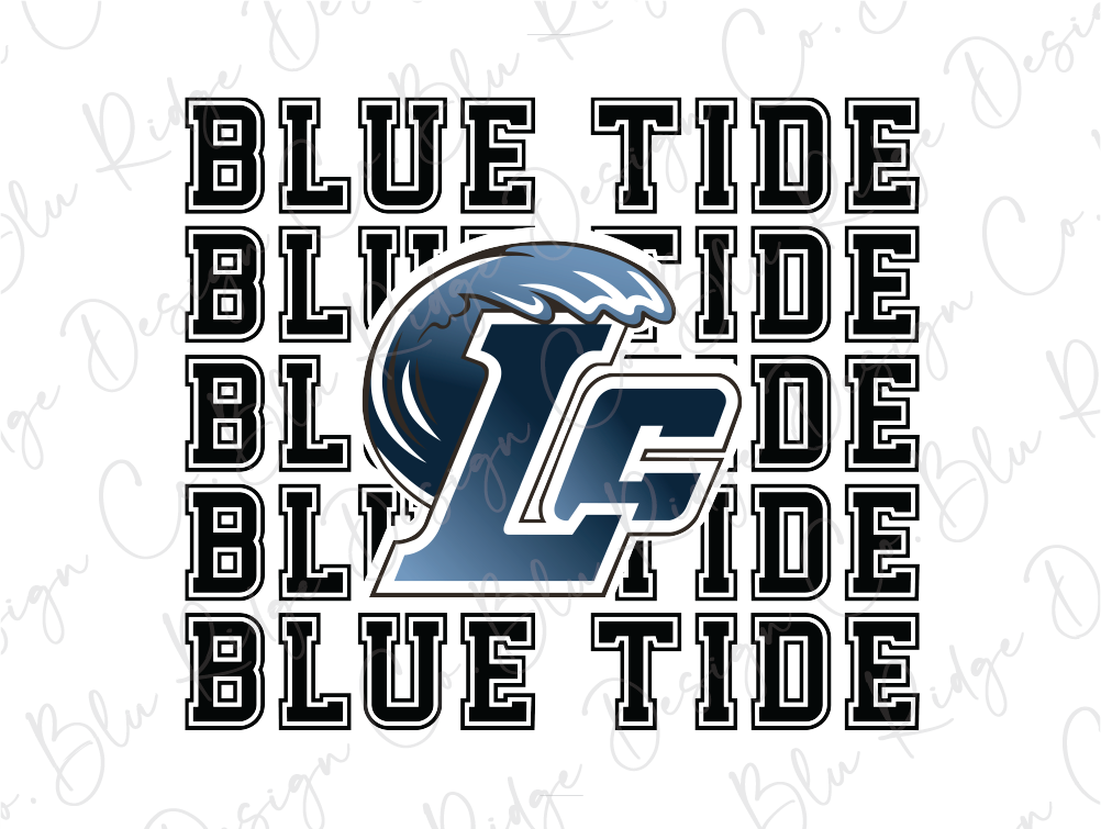 a blue and white logo with the words blue tide blvde blue tide