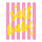 a pink and white striped background with the text "salt Babe" written in a stylized font.