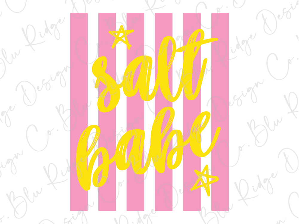 a pink and white striped background with the text "salt Babe" written in a stylized font.