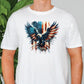 a man wearing a white shirt with an eagle on it