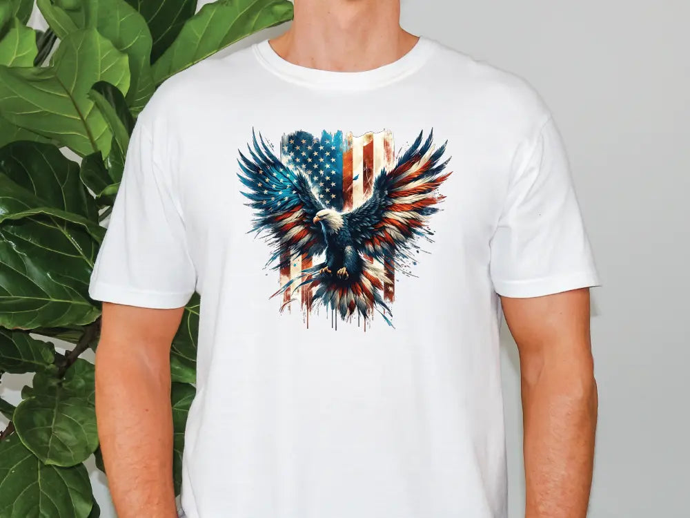 a man wearing a white shirt with an eagle on it