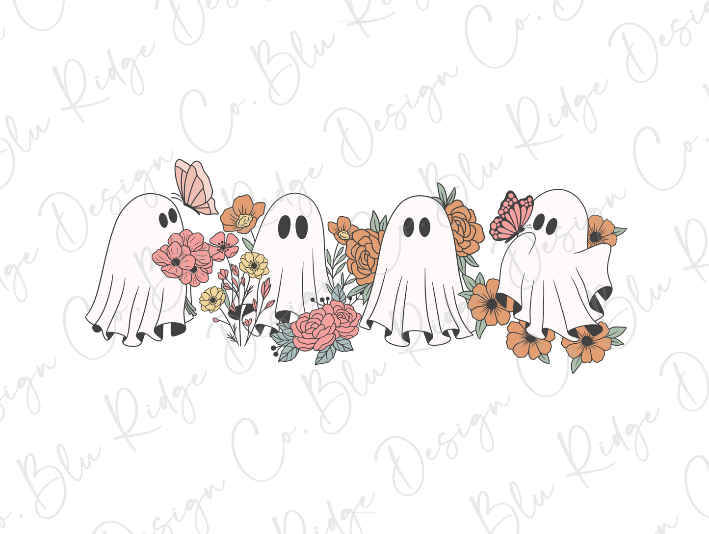 three ghost with flowers and butterflies on a white background