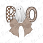 A ghost with a bow and leopard print pattern on its body, accompanied by the word "BOO" in a checkered pattern.
