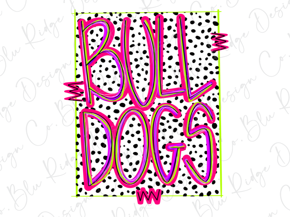 the text "Bull Dogs" in a bold, pink font against a background of black and white polka dots.