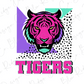 A stylized illustration of a tiger's head in pink and black, with a geometric background in shades of purple, green, and white. The word "TIGERS" is prominently displayed below the image.