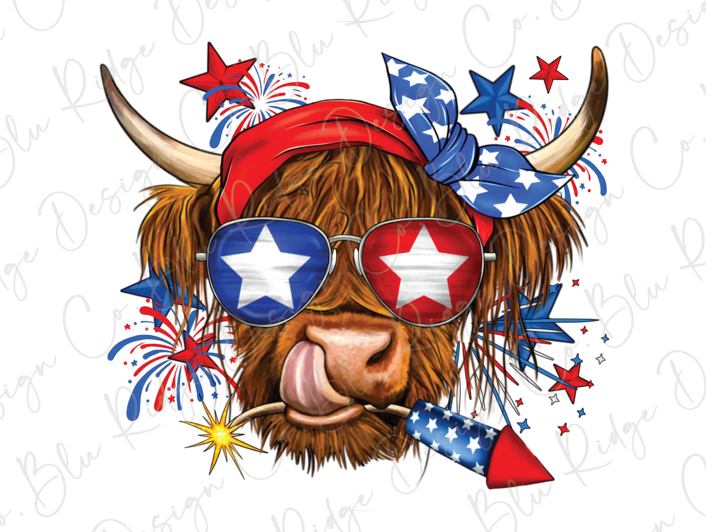 a bull wearing sunglasses and a red, white, and blue hat