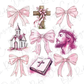 a cross, a book, a cross, and a pink ribbon