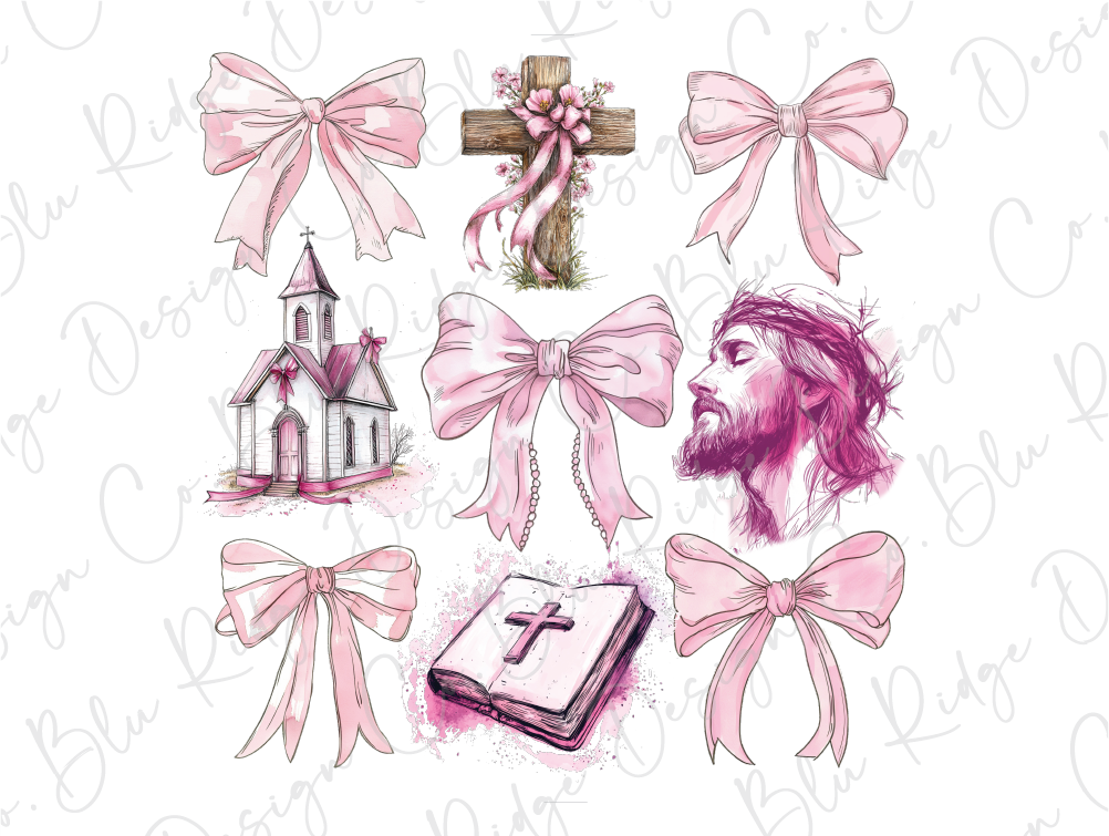 a cross, a book, a cross, and a pink ribbon