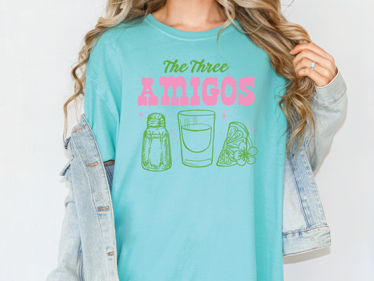 a woman wearing a t - shirt that says the three amigoss