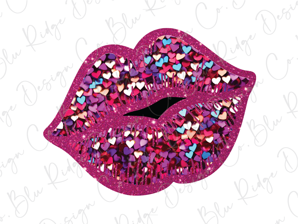 a pink glitter lips with hearts on it