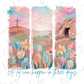 A triptych of an artistic painting depicting a landscape with a cross, a tomb, and colorful flowers.