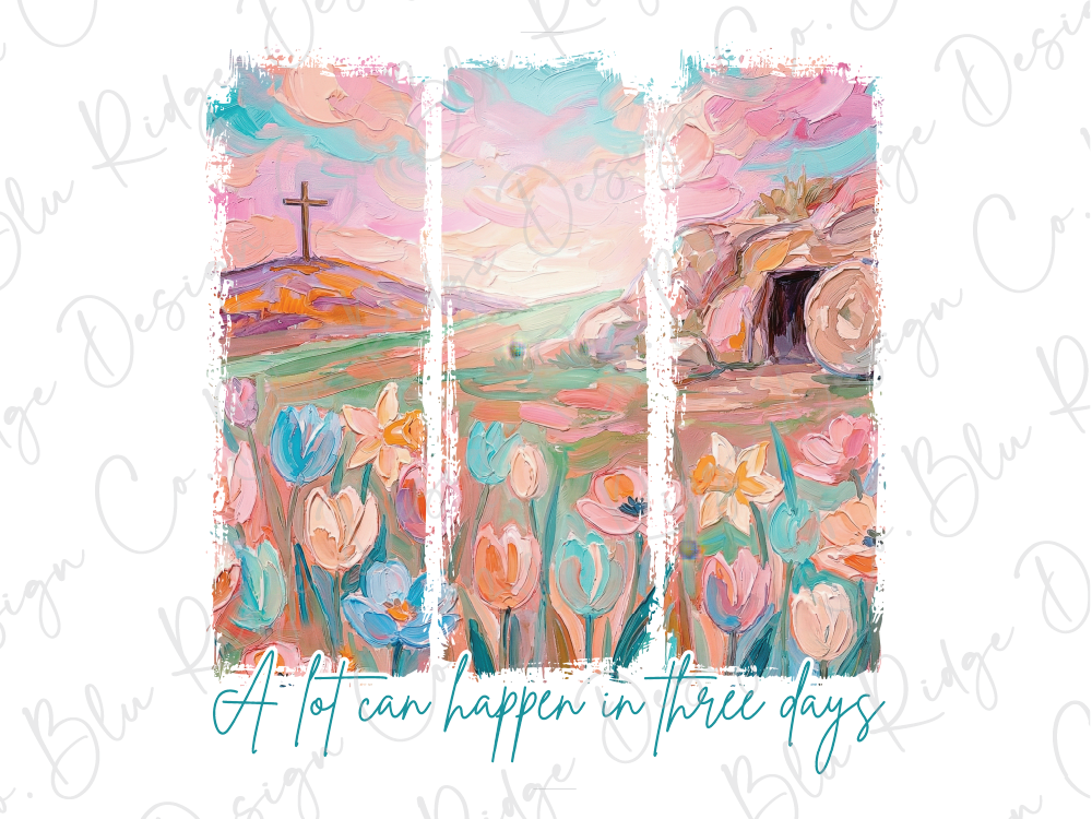 A triptych of an artistic painting depicting a landscape with a cross, a tomb, and colorful flowers.