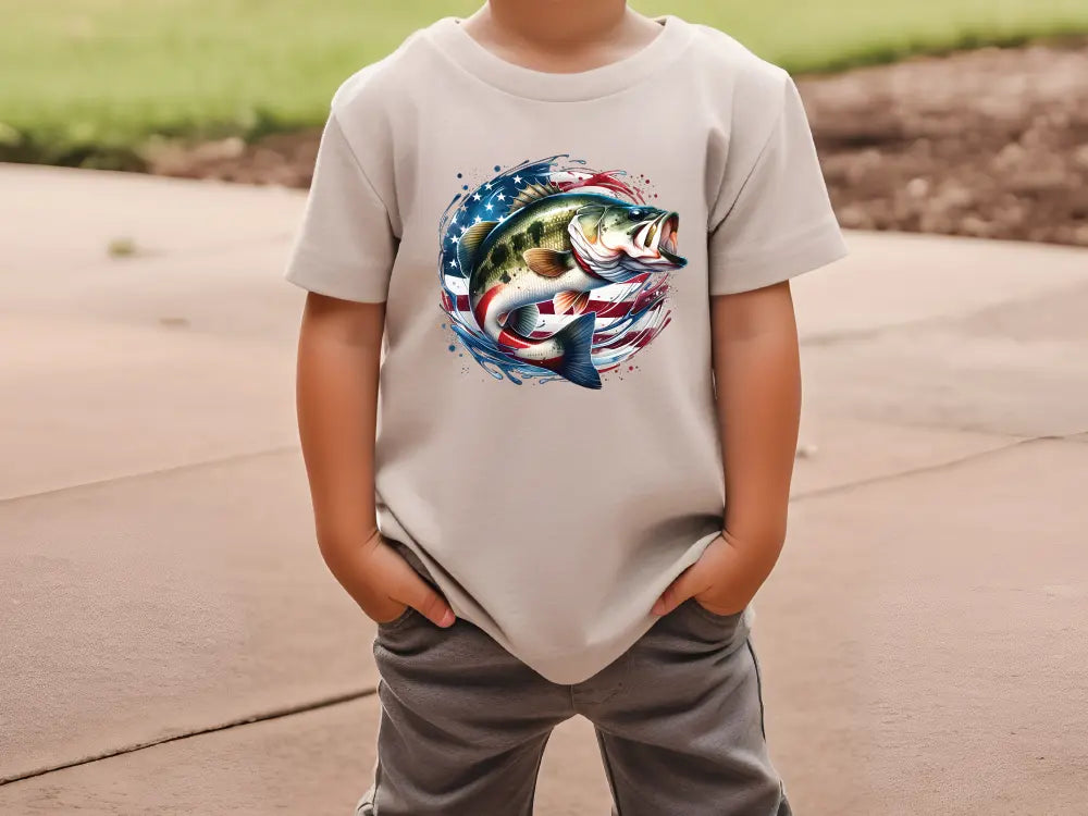 a young boy wearing a t - shirt with a fish on it