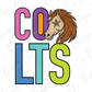 A colorful and stylized representation of the word "COLTS" with a stylized horse's head and star-shaped eyes.