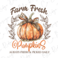 a pumpkin with a bow on it and the words farm fresh pumpkins always fresh