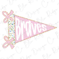 A pink triangular flag with the word "Braves" written on it, along with two pink bows.