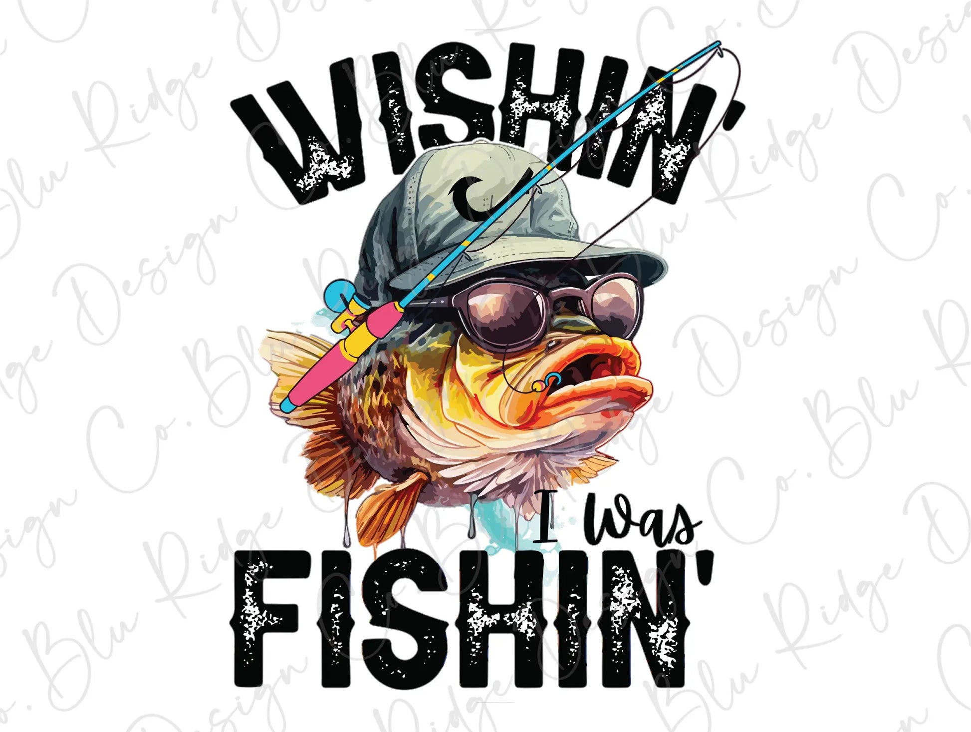 a fish wearing a hat and sunglasses with a fishing rod