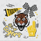 The image is a collage featuring various elements related to the word "TIGERS", including a tiger's head, a checkered flag, a fan, a hand with a number one, and stars.