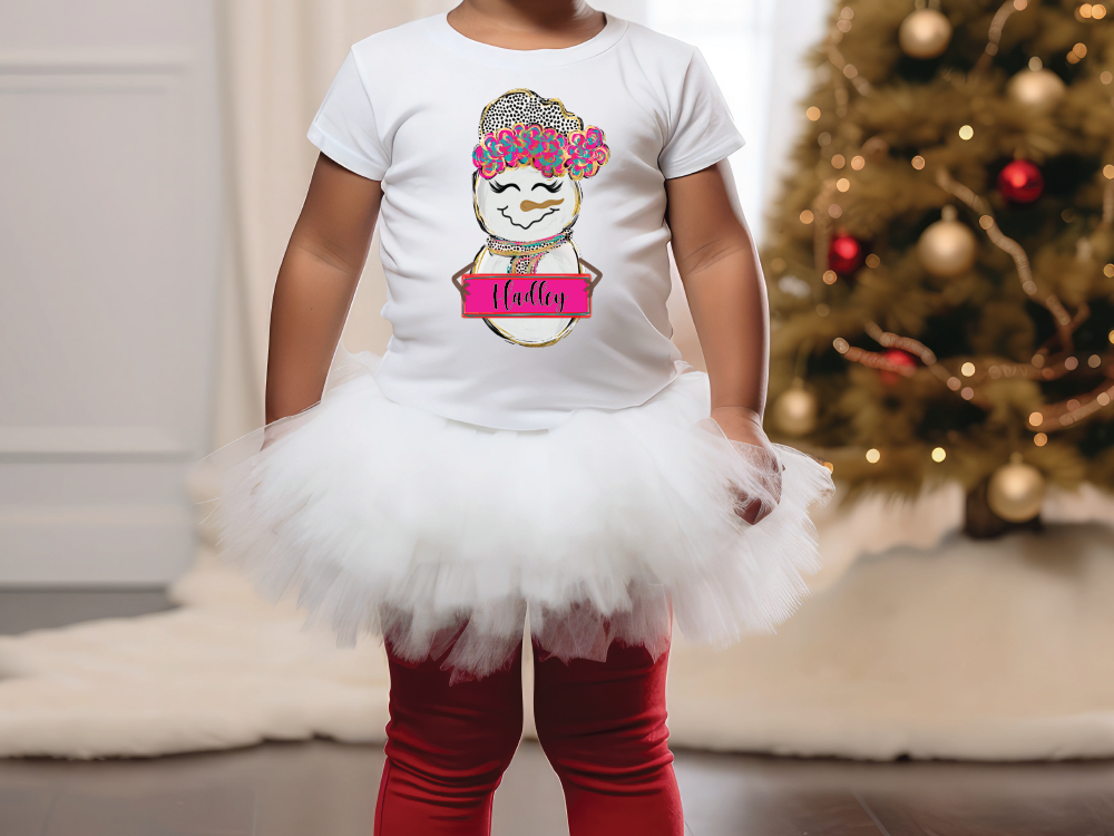 a little girl standing in front of a christmas tree