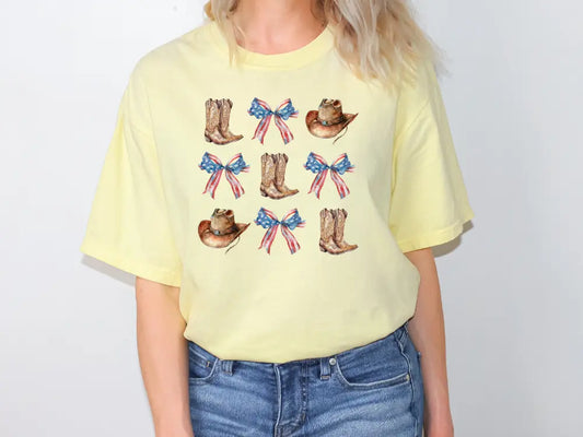 a woman wearing a yellow t - shirt with a picture of a cowboy boot and