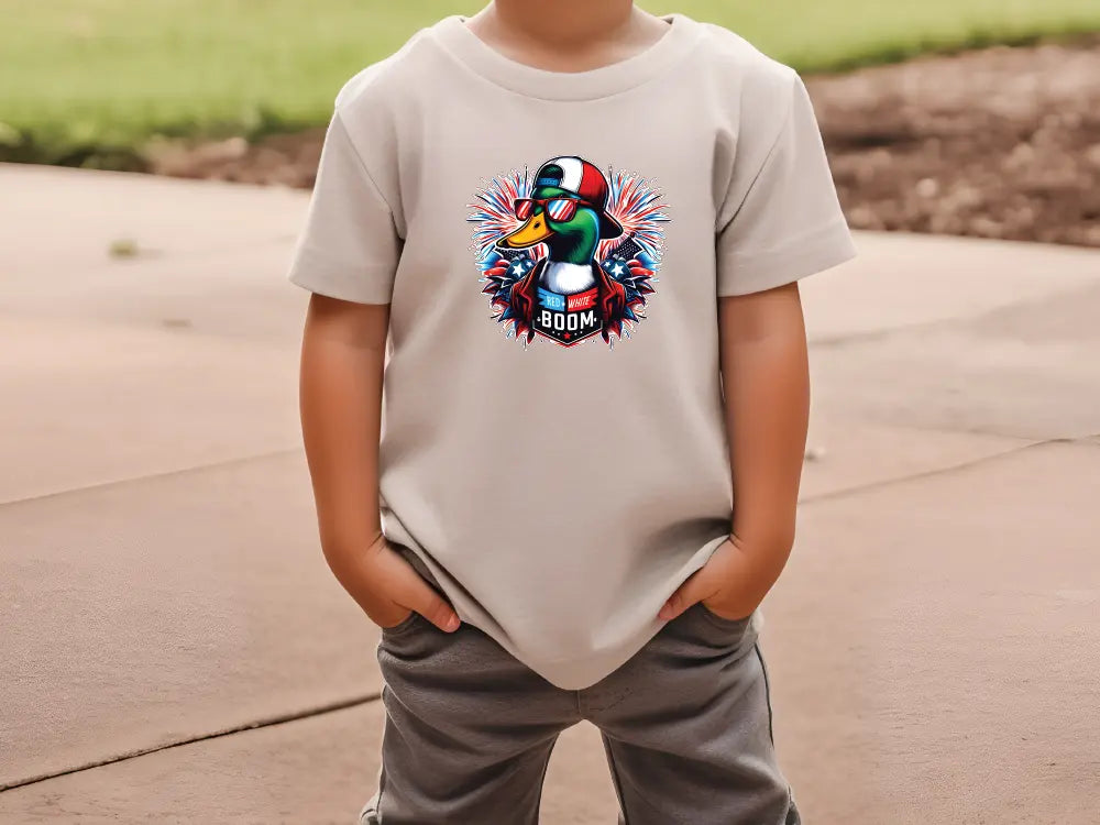 a young boy wearing a t - shirt with a cartoon character on it