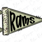 A flag with the word "RAMS" written on it in a stylized font.